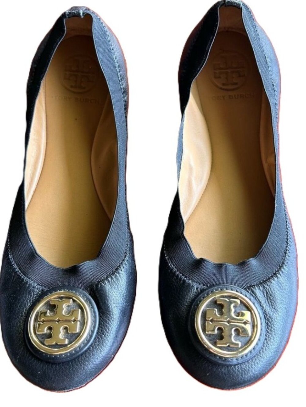 Tory Burch Caroline 2 Black Ballet Flats Size 7 Leather Logo Shoes